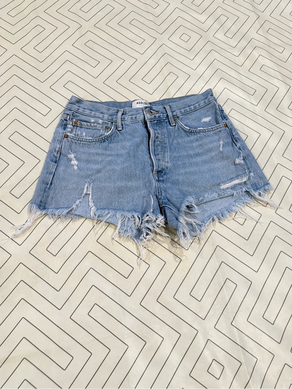 Agolde Parker Light Blue Frayed Hem Denim Shorts